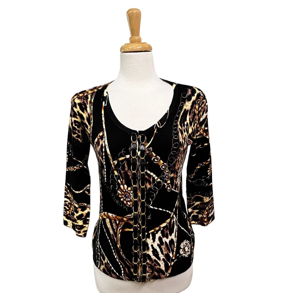 Boston‎ Proper Cardigan Sz S Leopard Animal Chain Classy Maximalist Careerwear
